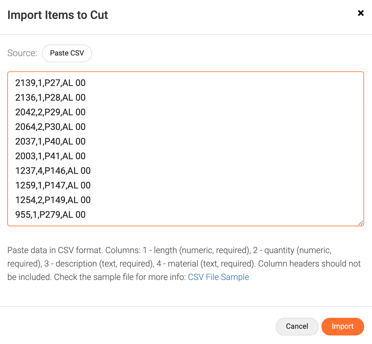 Dialog with pasted CSV data