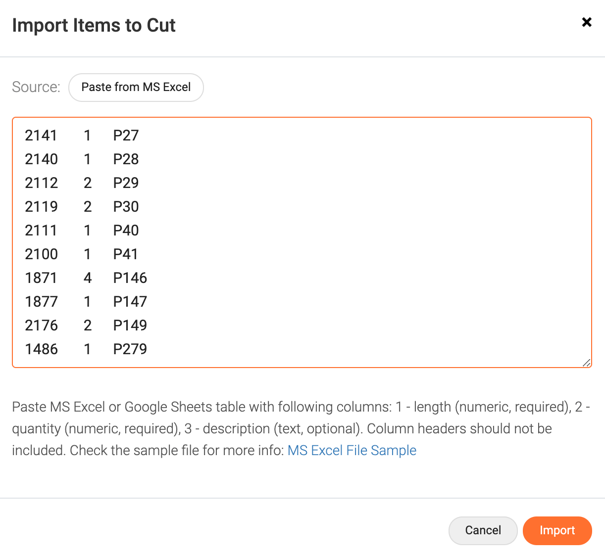 Import dialog - Excel pasted