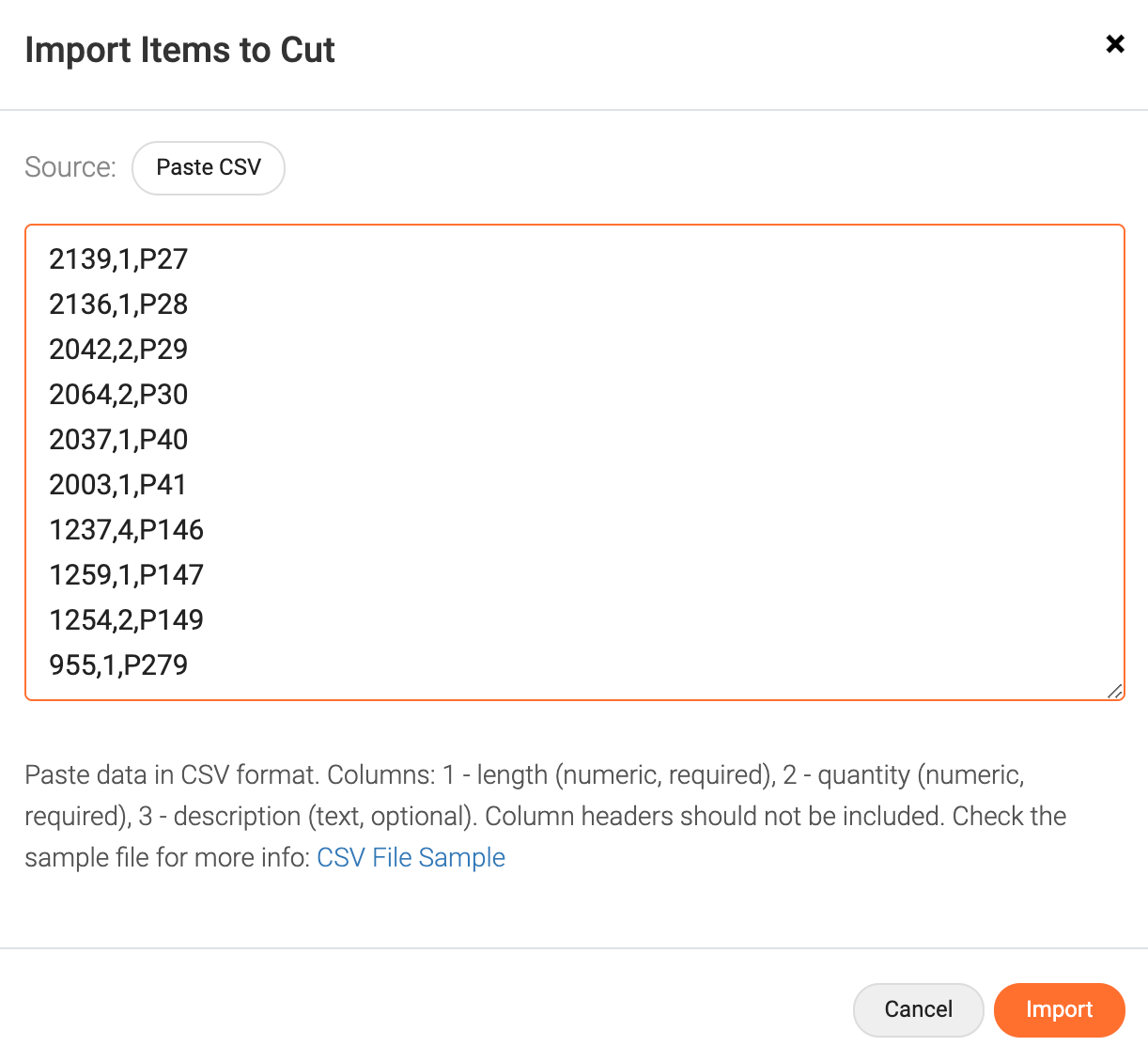 Import dialog - CSV pasted