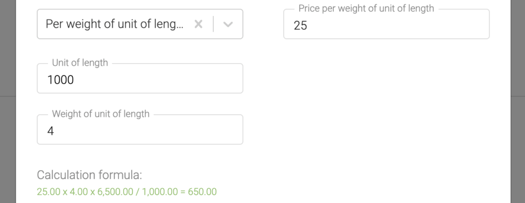 Price per weight and unit of length